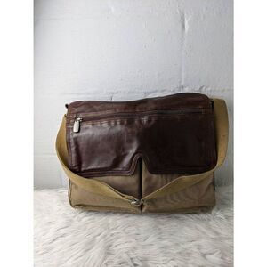 Fossil Messanger Bag Khaki Canvas Brown Leather Shoulder Strap Leather Detail Sn